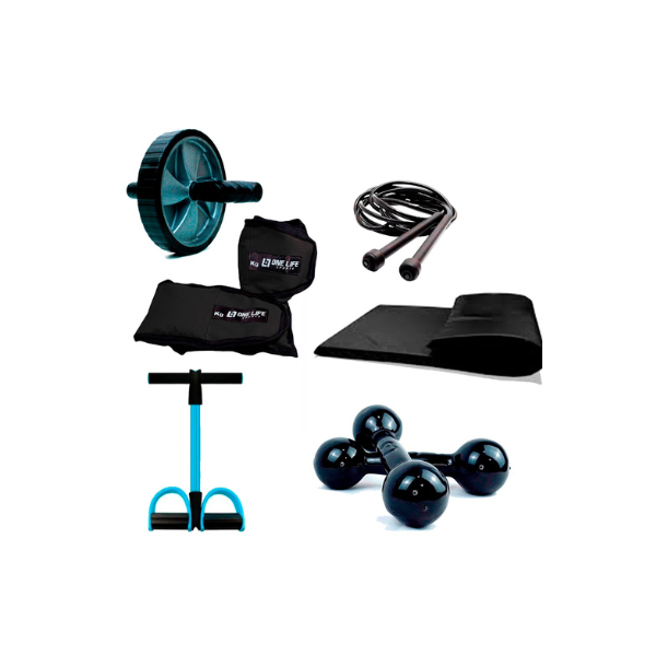 Kit Funcional Completo C/ 6 Itens :- caneleira de 3kg + halter de 1kg + colchonete + Roda + Extensor + Corda